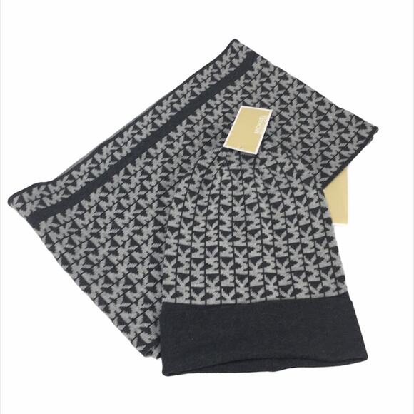 Micheal Kors Infinity Scarf and Matching Beanie Black Gray - Picture 1 of 7